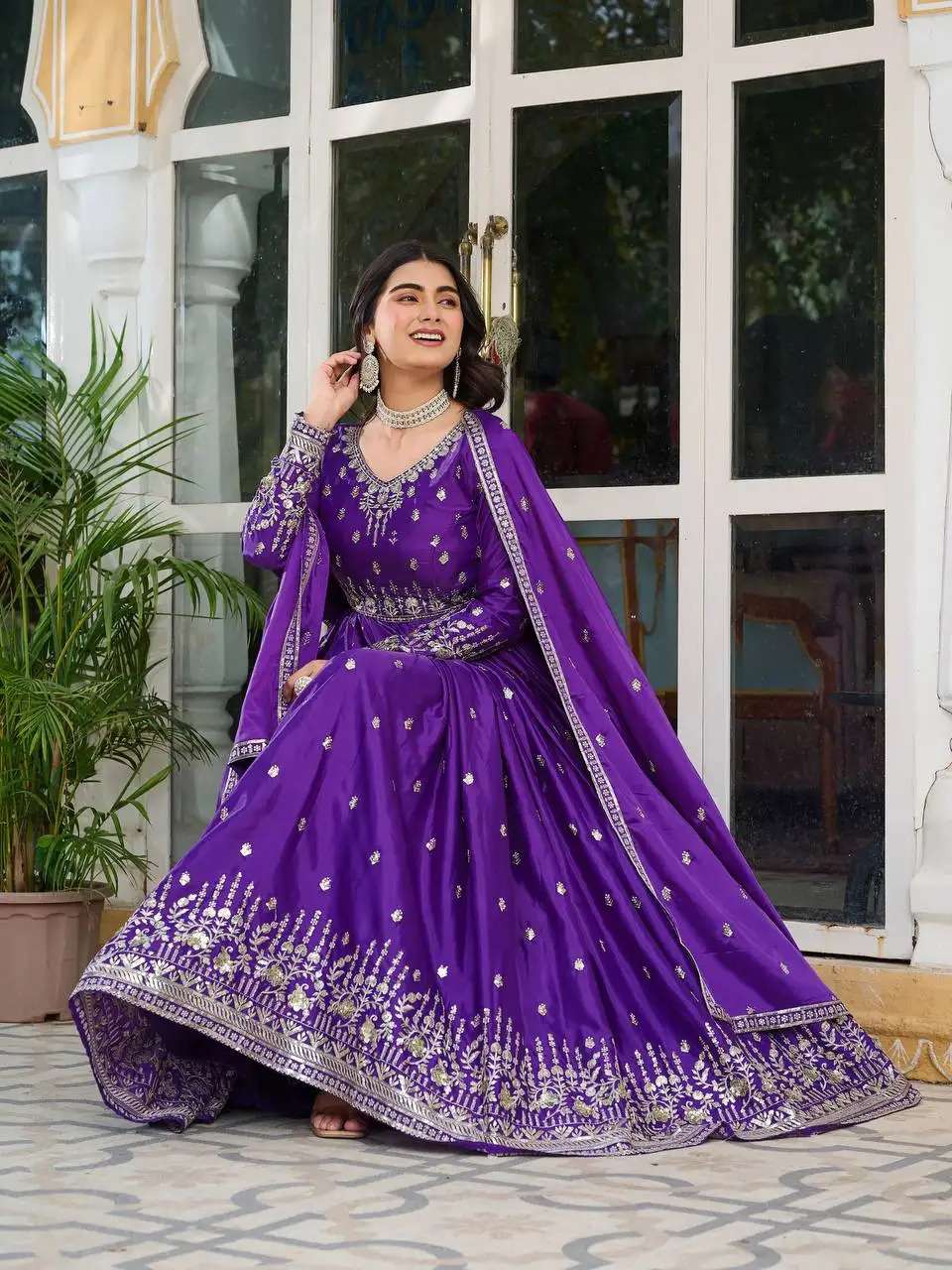 Women's American Silk Sequence Embroidery Long Anarkali Kurti (Gown) With Dupatta